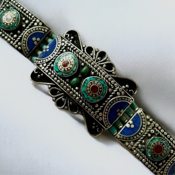 NEW Handmade Tibetan Silver with Genuine Lapis, Turquoise & Coral Bracelet. - Picture 7 of 8